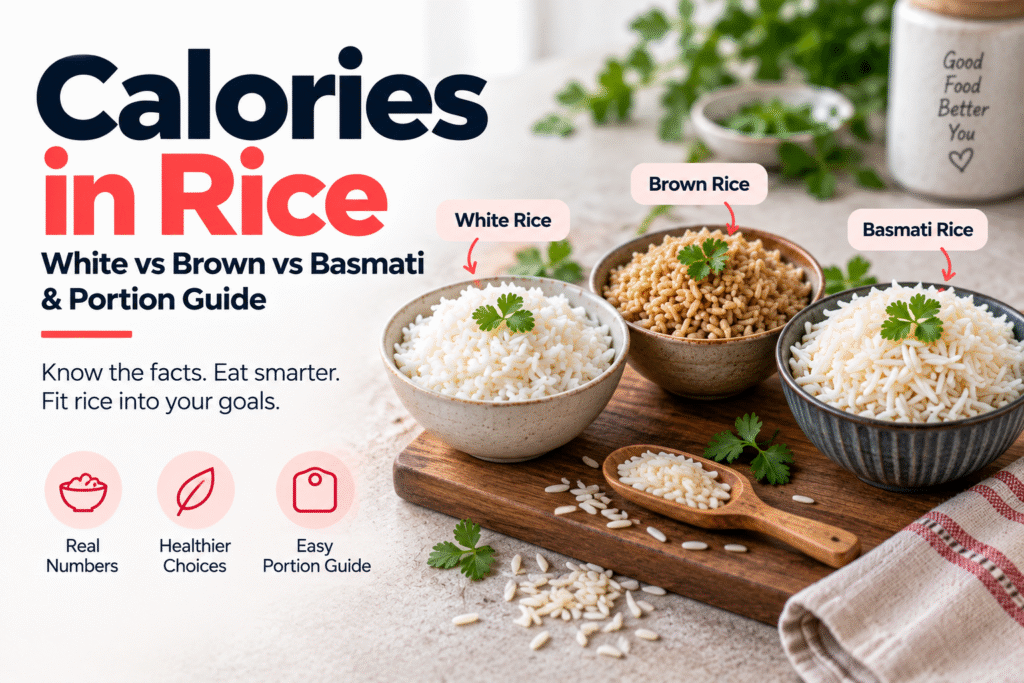 Bowl of cooked white rice showing calories in rice